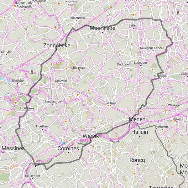 Miniatuurkaart van de fietsinspiratie "Pittoreske fietsroute door Moorsele en Broodseinde" in Prov. West-Vlaanderen, Belgium. Gemaakt door de Tarmacs.app fietsrouteplanner