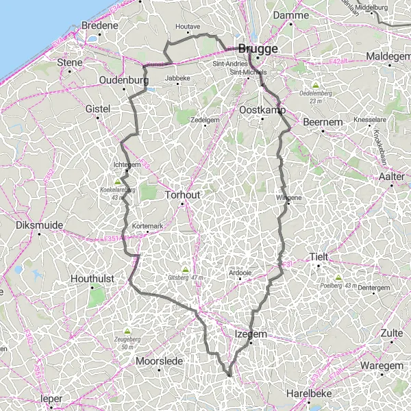 Miniatuurkaart van de fietsinspiratie "Cultuur en Natuur in West-Vlaanderen" in Prov. West-Vlaanderen, Belgium. Gemaakt door de Tarmacs.app fietsrouteplanner