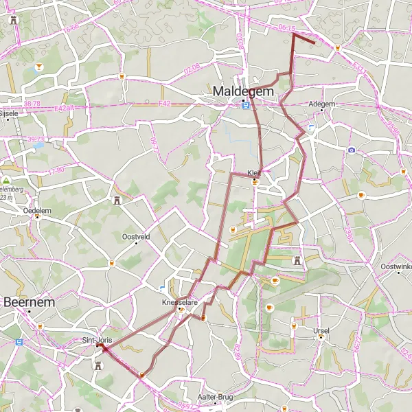 Miniatuurkaart van de fietsinspiratie "Korte gravelroute door landelijke omgeving" in Prov. West-Vlaanderen, Belgium. Gemaakt door de Tarmacs.app fietsrouteplanner