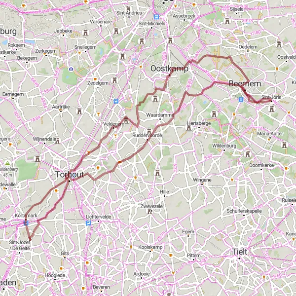 Map miniature of "Sint-Joris Gravel Loop" cycling inspiration in Prov. West-Vlaanderen, Belgium. Generated by Tarmacs.app cycling route planner