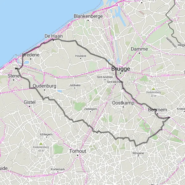 Miniatuurkaart van de fietsinspiratie "Wegroute langs de kust en door het binnenland" in Prov. West-Vlaanderen, Belgium. Gemaakt door de Tarmacs.app fietsrouteplanner