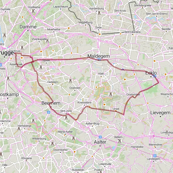 Map miniature of "Assebroek and Oostwinkel Gravel Loop" cycling inspiration in Prov. West-Vlaanderen, Belgium. Generated by Tarmacs.app cycling route planner