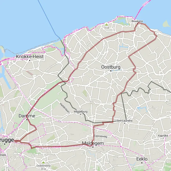 Miniature de la carte de l'inspiration cycliste "Circuit de Damme et Sint-Annakasteel" dans la Prov. West-Vlaanderen, Belgium. Générée par le planificateur d'itinéraire cycliste Tarmacs.app