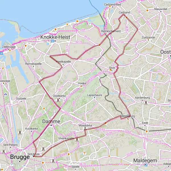 Miniatuurkaart van de fietsinspiratie "Gravelroute rond Damme en Retranchement" in Prov. West-Vlaanderen, Belgium. Gemaakt door de Tarmacs.app fietsrouteplanner