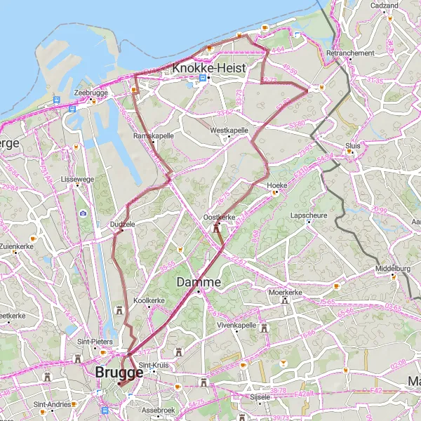 Map miniature of "Bruges Coastal Gravel Route" cycling inspiration in Prov. West-Vlaanderen, Belgium. Generated by Tarmacs.app cycling route planner