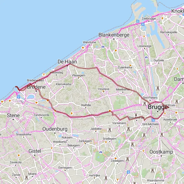 Map miniature of "Scenic Gravel Tour of West-Vlaanderen" cycling inspiration in Prov. West-Vlaanderen, Belgium. Generated by Tarmacs.app cycling route planner