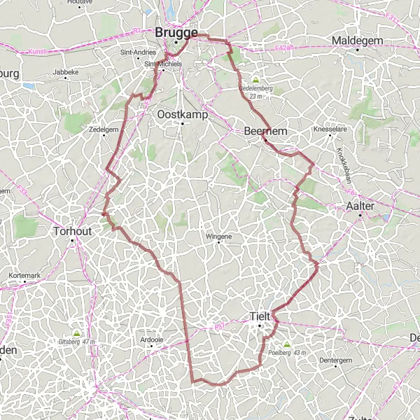 Miniature de la carte de l'inspiration cycliste "Parcours de vélo tout-terrain de Sint-Kruis à Beernem" dans la Prov. West-Vlaanderen, Belgium. Générée par le planificateur d'itinéraire cycliste Tarmacs.app