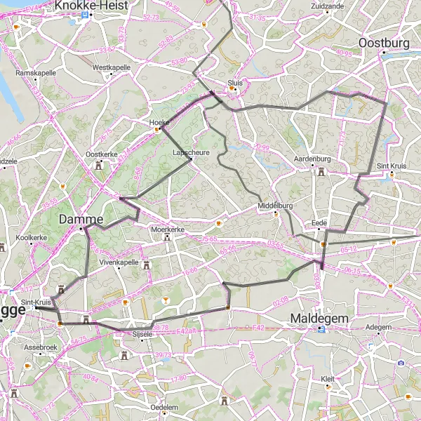 Miniature de la carte de l'inspiration cycliste "La boucle Road Kasteel Rooigem-Donk" dans la Prov. West-Vlaanderen, Belgium. Générée par le planificateur d'itinéraire cycliste Tarmacs.app