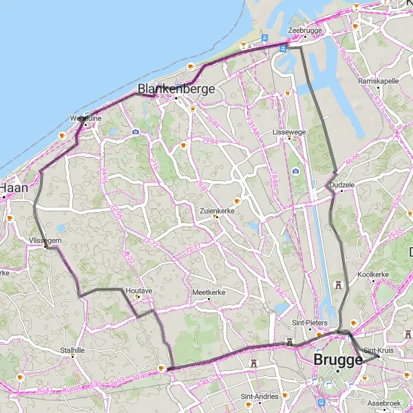 Map miniature of "The Ruddershove Castle Loop" cycling inspiration in Prov. West-Vlaanderen, Belgium. Generated by Tarmacs.app cycling route planner
