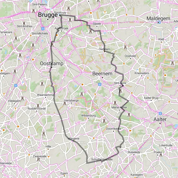 Karten-Miniaturansicht der Radinspiration "Radtour durch Oedelem und Assebroek" in Prov. West-Vlaanderen, Belgium. Erstellt vom Tarmacs.app-Routenplaner für Radtouren