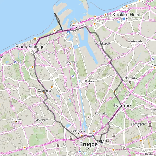 Miniatuurkaart van de fietsinspiratie "Fietsen rond Damme en Sint-Jan-op-den-Dijk" in Prov. West-Vlaanderen, Belgium. Gemaakt door de Tarmacs.app fietsrouteplanner