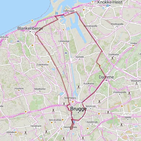 Miniature de la carte de l'inspiration cycliste "Tour de la Côte de Flandre" dans la Prov. West-Vlaanderen, Belgium. Générée par le planificateur d'itinéraire cycliste Tarmacs.app
