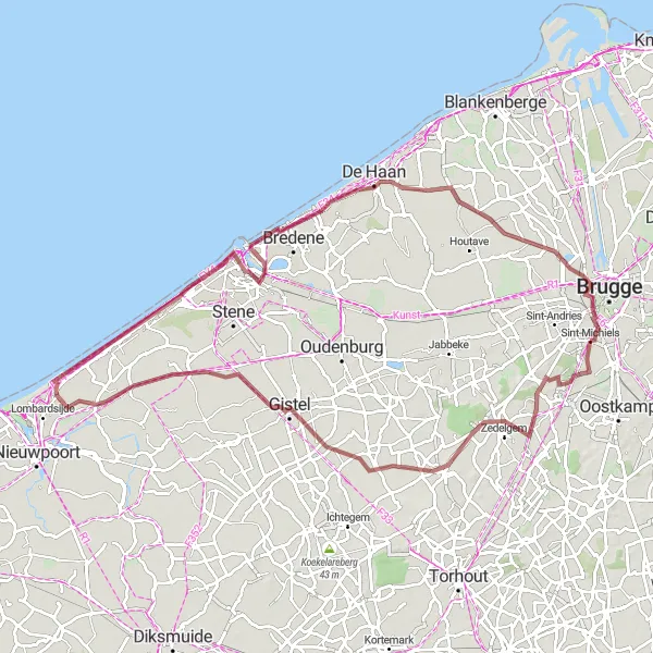 Map miniature of "Epic Gravel Adventure to Westende and Venetiaanse Gaanderijen" cycling inspiration in Prov. West-Vlaanderen, Belgium. Generated by Tarmacs.app cycling route planner