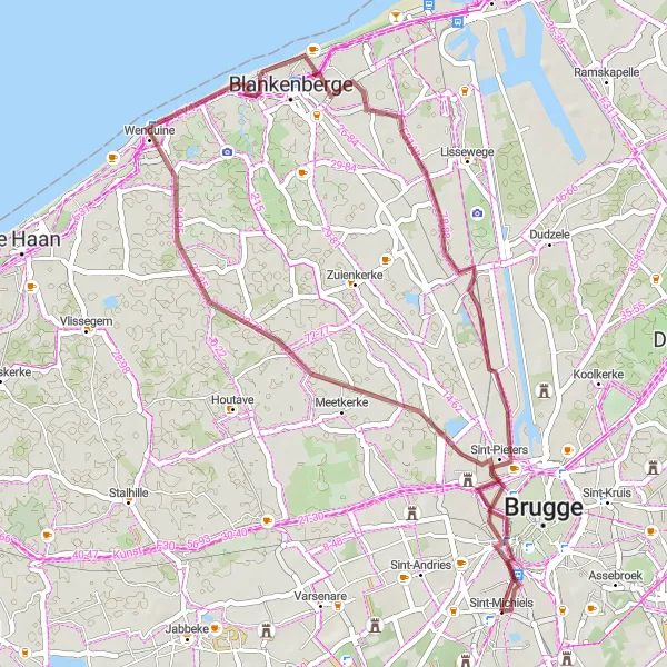 Map miniature of "Scenic Gravel Adventure" cycling inspiration in Prov. West-Vlaanderen, Belgium. Generated by Tarmacs.app cycling route planner