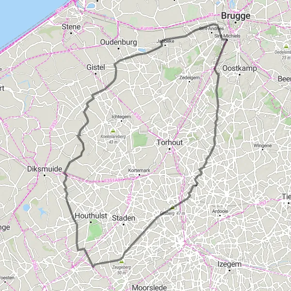 Map miniature of "Challenging Road Cycling Route to Tillegem Castle and Kasteel Cateline" cycling inspiration in Prov. West-Vlaanderen, Belgium. Generated by Tarmacs.app cycling route planner