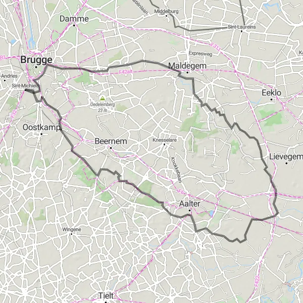 Map miniature of "Scenic Road Cycling Route to Donk and Merendree" cycling inspiration in Prov. West-Vlaanderen, Belgium. Generated by Tarmacs.app cycling route planner