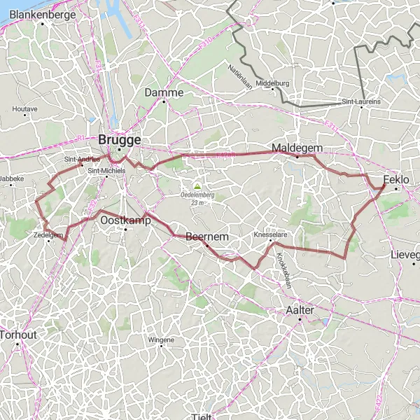 Miniatuurkaart van de fietsinspiratie "Gravelroute Snellegem en omgeving" in Prov. West-Vlaanderen, Belgium. Gemaakt door de Tarmacs.app fietsrouteplanner