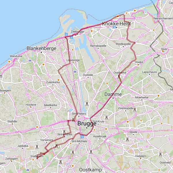 Miniatuurkaart van de fietsinspiratie "Kustgrindroute vanuit Snellegem" in Prov. West-Vlaanderen, Belgium. Gemaakt door de Tarmacs.app fietsrouteplanner