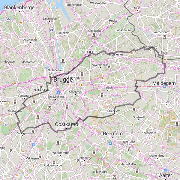 Map miniature of "Snellegem to Sint-Andries" cycling inspiration in Prov. West-Vlaanderen, Belgium. Generated by Tarmacs.app cycling route planner