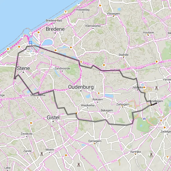 Map miniature of "Scenic Countryside Escape" cycling inspiration in Prov. West-Vlaanderen, Belgium. Generated by Tarmacs.app cycling route planner