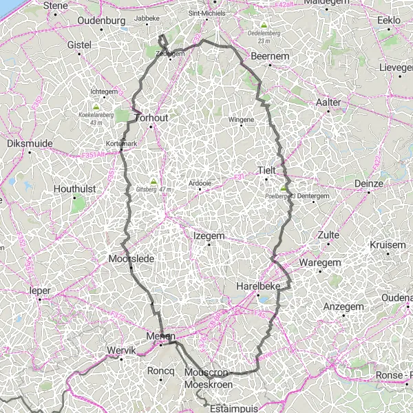 Miniatuurkaart van de fietsinspiratie "Uitdagende route langs kastelen en parken" in Prov. West-Vlaanderen, Belgium. Gemaakt door de Tarmacs.app fietsrouteplanner