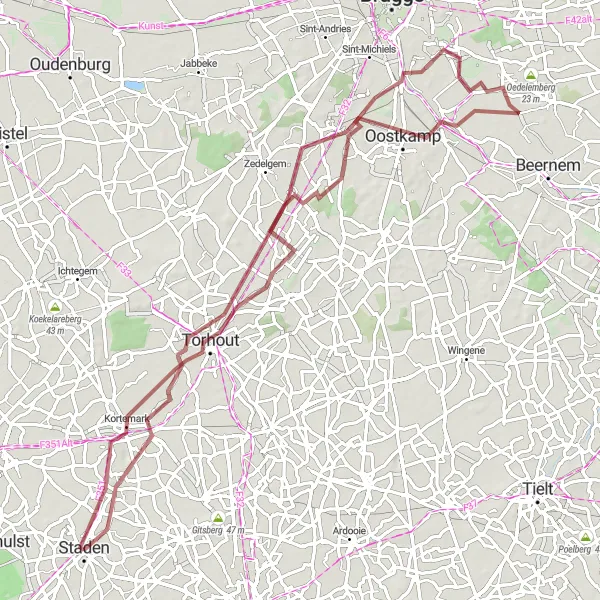 Map miniature of "A Gravel Escape" cycling inspiration in Prov. West-Vlaanderen, Belgium. Generated by Tarmacs.app cycling route planner