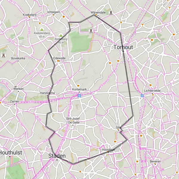 Miniature de la carte de l'inspiration cycliste "Le Circuit des Collines Flamandes" dans la Prov. West-Vlaanderen, Belgium. Générée par le planificateur d'itinéraire cycliste Tarmacs.app