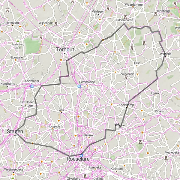 Karten-Miniaturansicht der Radinspiration "Radtour durch Ardooie und Roeselare" in Prov. West-Vlaanderen, Belgium. Erstellt vom Tarmacs.app-Routenplaner für Radtouren
