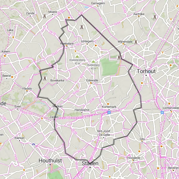 Karten-Miniaturansicht der Radinspiration "Radtour von Staden nach Koekelare" in Prov. West-Vlaanderen, Belgium. Erstellt vom Tarmacs.app-Routenplaner für Radtouren