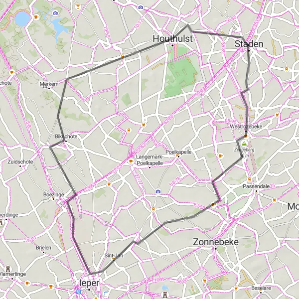 Karten-Miniaturansicht der Radinspiration "Rundfahrt von Staden nach Ypres und zurück" in Prov. West-Vlaanderen, Belgium. Erstellt vom Tarmacs.app-Routenplaner für Radtouren