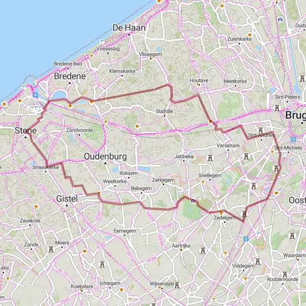 Map miniature of "Gravel Adventure to Bekegem from Stene" cycling inspiration in Prov. West-Vlaanderen, Belgium. Generated by Tarmacs.app cycling route planner