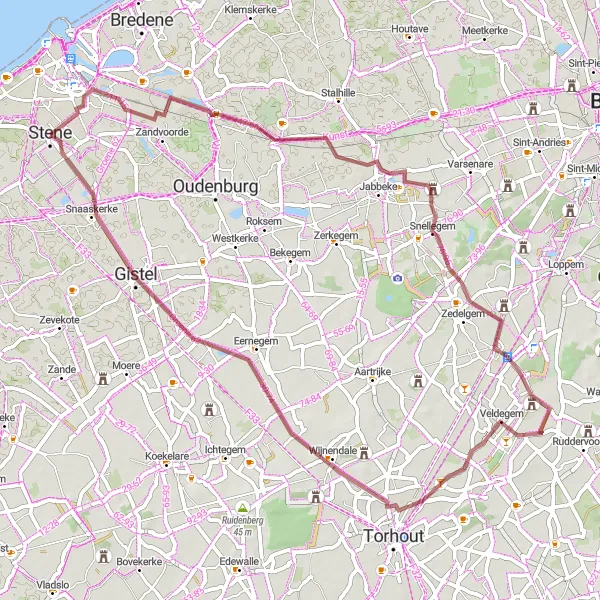 Map miniature of "Stene Gravel Loop via Snellegem" cycling inspiration in Prov. West-Vlaanderen, Belgium. Generated by Tarmacs.app cycling route planner