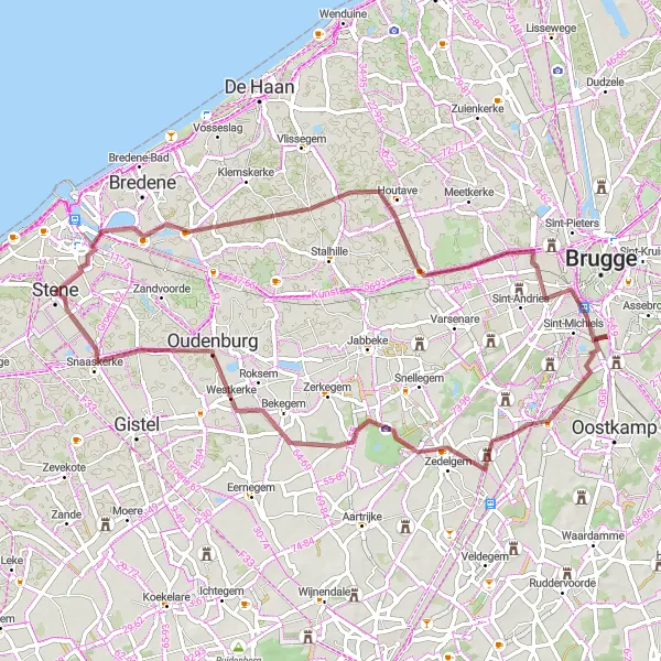 Miniatuurkaart van de fietsinspiratie "Gravelroute door Stene en omgeving" in Prov. West-Vlaanderen, Belgium. Gemaakt door de Tarmacs.app fietsrouteplanner