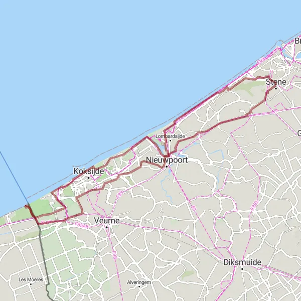 Miniature de la carte de l'inspiration cycliste "L'Exploration des Dunes de la Côte" dans la Prov. West-Vlaanderen, Belgium. Générée par le planificateur d'itinéraire cycliste Tarmacs.app