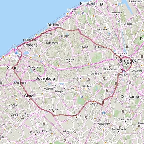 Map miniature of "Scenic Gravel Loop from Stene to Augustines Bridge" cycling inspiration in Prov. West-Vlaanderen, Belgium. Generated by Tarmacs.app cycling route planner