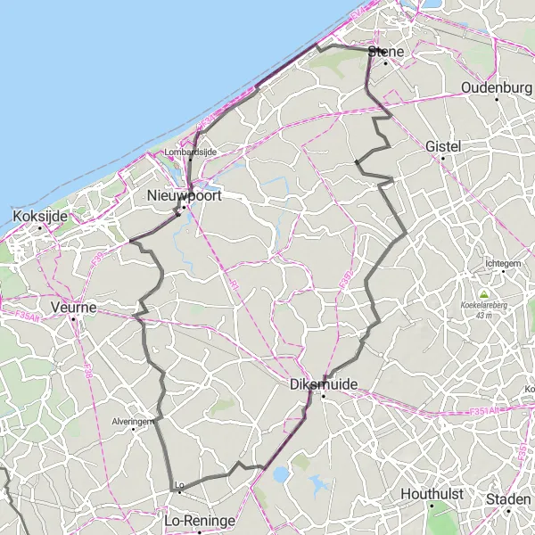 Miniature de la carte de l'inspiration cycliste "La Campagne de Flandre Occidentale" dans la Prov. West-Vlaanderen, Belgium. Générée par le planificateur d'itinéraire cycliste Tarmacs.app