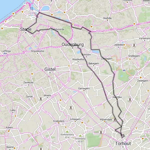 Karten-Miniaturansicht der Radinspiration "Schlossroute von Stene nach Konterdam" in Prov. West-Vlaanderen, Belgium. Erstellt vom Tarmacs.app-Routenplaner für Radtouren