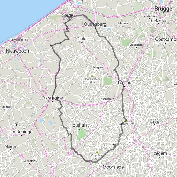 Map miniature of "Exploring Flemish Heritage" cycling inspiration in Prov. West-Vlaanderen, Belgium. Generated by Tarmacs.app cycling route planner