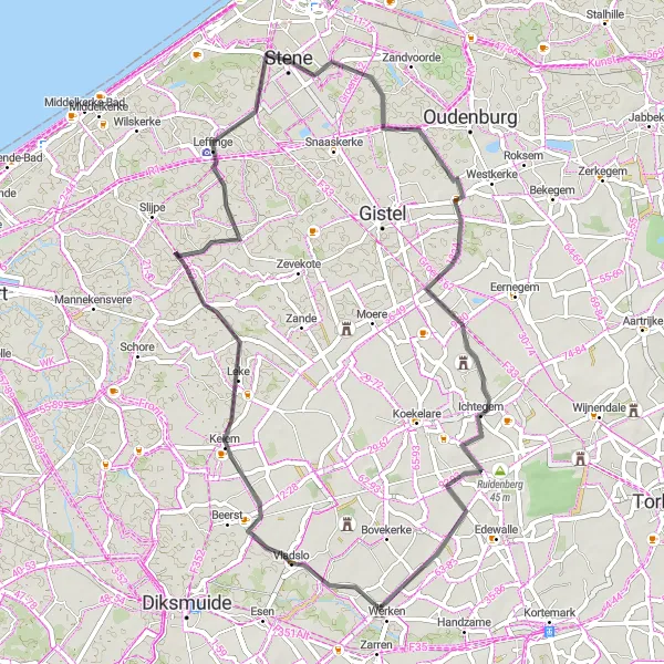 Miniature de la carte de l'inspiration cycliste "La Découverte des Villages de Flandre Occidentale" dans la Prov. West-Vlaanderen, Belgium. Générée par le planificateur d'itinéraire cycliste Tarmacs.app