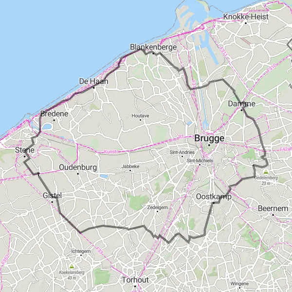 Map miniature of "Road Cycling Extravaganza" cycling inspiration in Prov. West-Vlaanderen, Belgium. Generated by Tarmacs.app cycling route planner