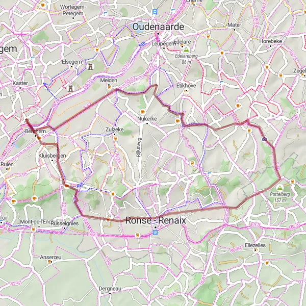 Miniatuurkaart van de fietsinspiratie "Gravelroute rond Tiegem" in Prov. West-Vlaanderen, Belgium. Gemaakt door de Tarmacs.app fietsrouteplanner