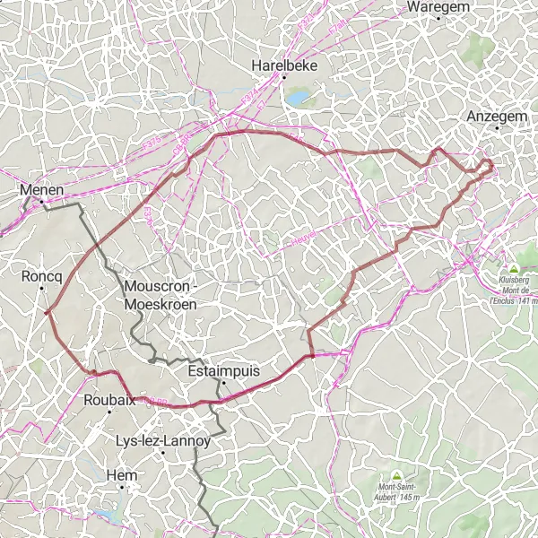 Miniatuurkaart van de fietsinspiratie "Gravelavontuur rond Tiegem" in Prov. West-Vlaanderen, Belgium. Gemaakt door de Tarmacs.app fietsrouteplanner