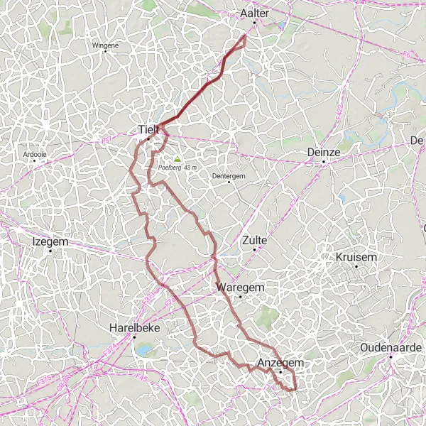 Map miniature of "Exploring Kaster, Sint-Eloois-Vijve, Destelbergen, Oostrozebeke, Vichte, and Tiegemberg" cycling inspiration in Prov. West-Vlaanderen, Belgium. Generated by Tarmacs.app cycling route planner