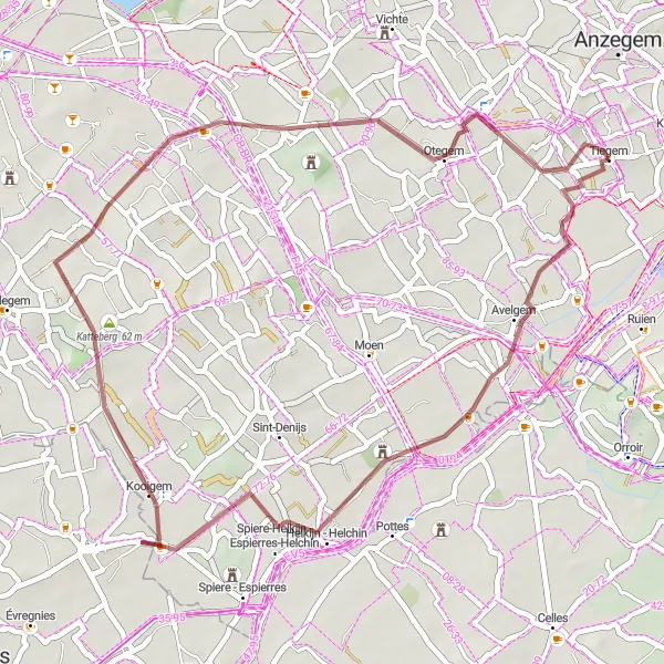 Map miniature of "Discovering Bossuit, Geitenberg, Zwevegem, Ingooigem, and Tiegemberg" cycling inspiration in Prov. West-Vlaanderen, Belgium. Generated by Tarmacs.app cycling route planner