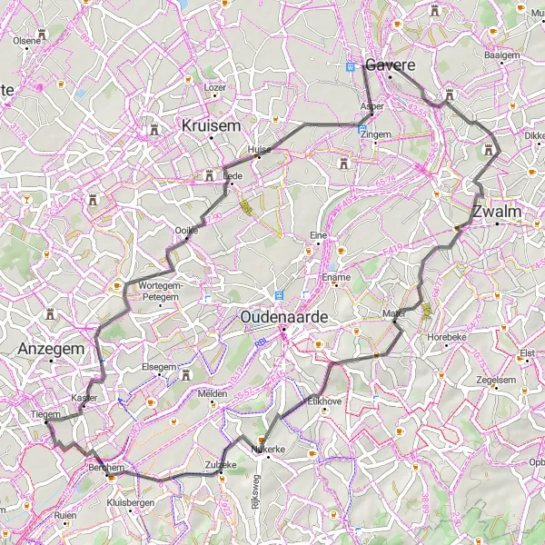 Miniatuurkaart van de fietsinspiratie "Tiegem en omgeving" in Prov. West-Vlaanderen, Belgium. Gemaakt door de Tarmacs.app fietsrouteplanner