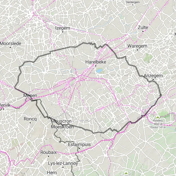 Map miniature of "Cycling through Bossuit, Dottignies, Mont Halluin, Dadizele, Lendelede, Desselgem, and Tiegemberg" cycling inspiration in Prov. West-Vlaanderen, Belgium. Generated by Tarmacs.app cycling route planner