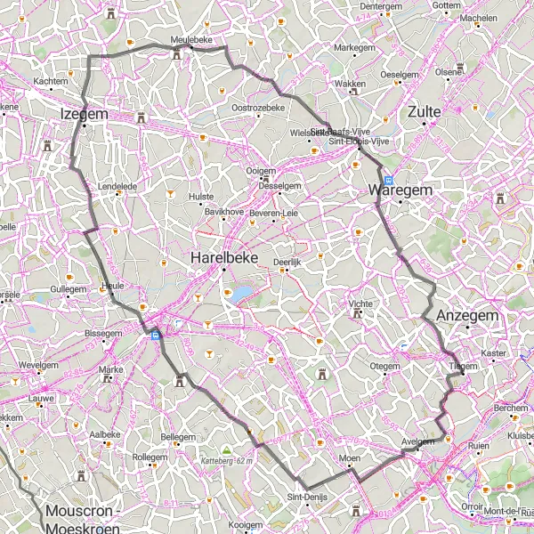 Map miniature of "Tiegem- Avelgem Loop via Kortrijk and Izegem" cycling inspiration in Prov. West-Vlaanderen, Belgium. Generated by Tarmacs.app cycling route planner