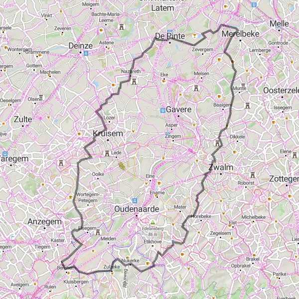 Miniature de la carte de l'inspiration cycliste "Circuit de châteaux de West-Vlaanderen" dans la Prov. West-Vlaanderen, Belgium. Générée par le planificateur d'itinéraire cycliste Tarmacs.app