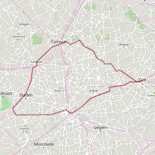 Miniatuurkaart van de fietsinspiratie "Pittem - Ardooie - Roeselare - Staden - Torhout - Zwevezele - Tielt" in Prov. West-Vlaanderen, Belgium. Gemaakt door de Tarmacs.app fietsrouteplanner