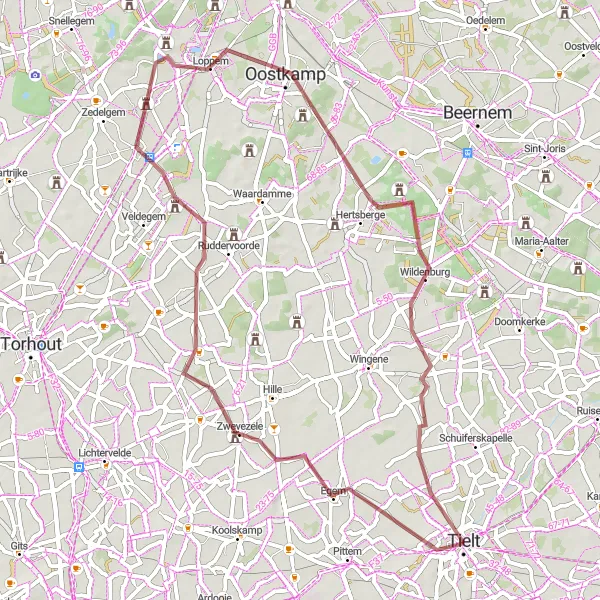 Karten-Miniaturansicht der Radinspiration "Gravelroute durch Zwevezele, Kasteel van Loppem und Hertsberge" in Prov. West-Vlaanderen, Belgium. Erstellt vom Tarmacs.app-Routenplaner für Radtouren